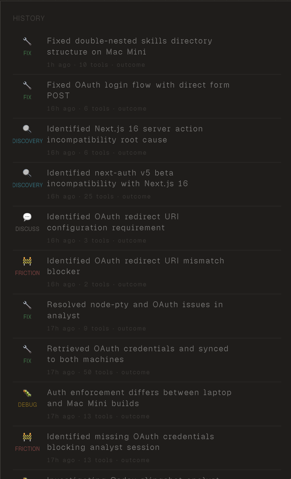 Lattice history timeline showing tagged turns like fix, discovery, discuss, and friction