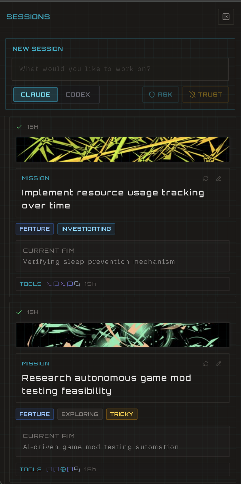 Lattice sidebar showing session cards with mission, current aim, and tags